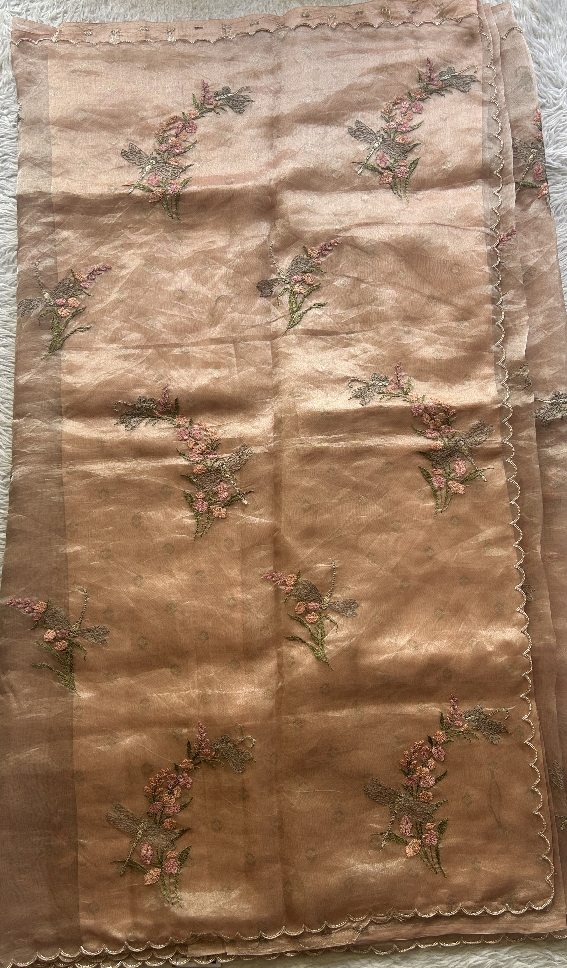 Banarasi Tissue Kora Saree Light Peach Colored Complemented with a Scallop Border. - Sampradaya Designer Studio