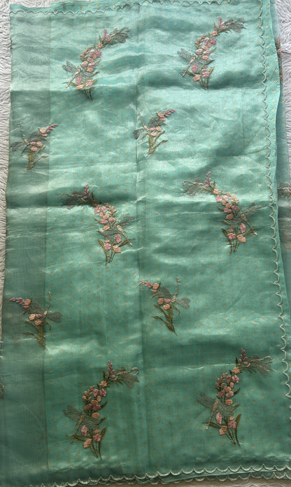 Banarasi Tissue Kora Saree Light Blue Colored Complemented with a Scallop Border. - Sampradaya Designer Studio