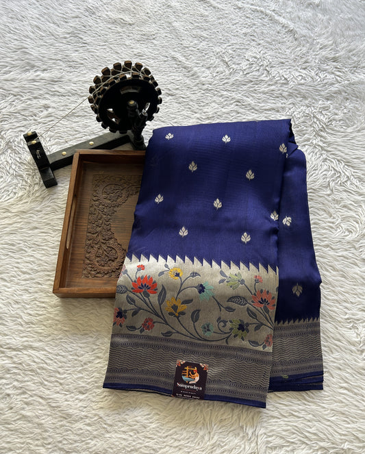 Banarasi Tussar Georgette Saree Royal Blue Colored Complemented with a Minakari border. - Sampradaya Designer Studio