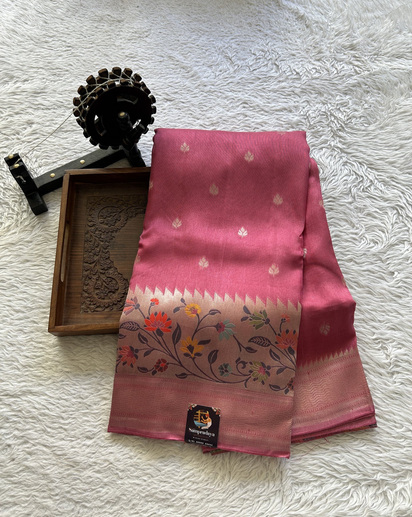 Banarasi Tussar Georgette Saree Rose Pink Colored Complemented with a Minakari border. - Sampradaya Designer Studio