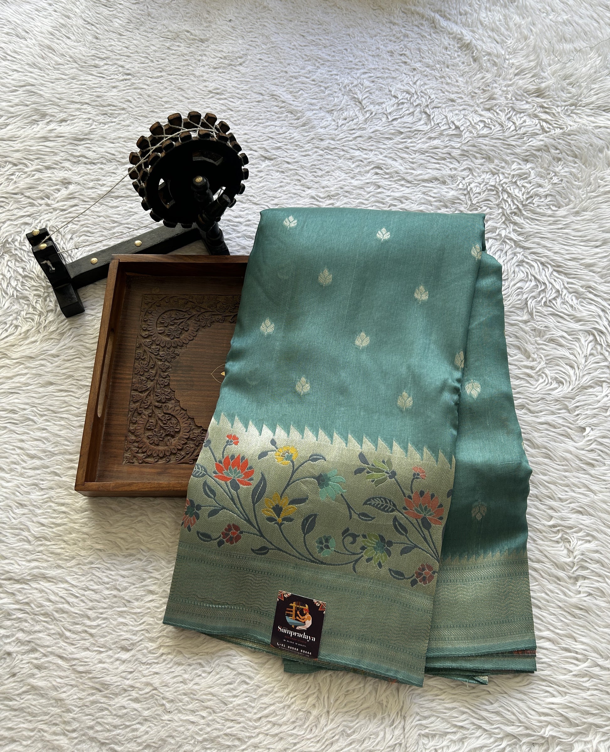 Banarasi Tussar Georgette Saree Tiffany Blue Colored Complemented with a Minakari border. - Sampradaya Designer Studio