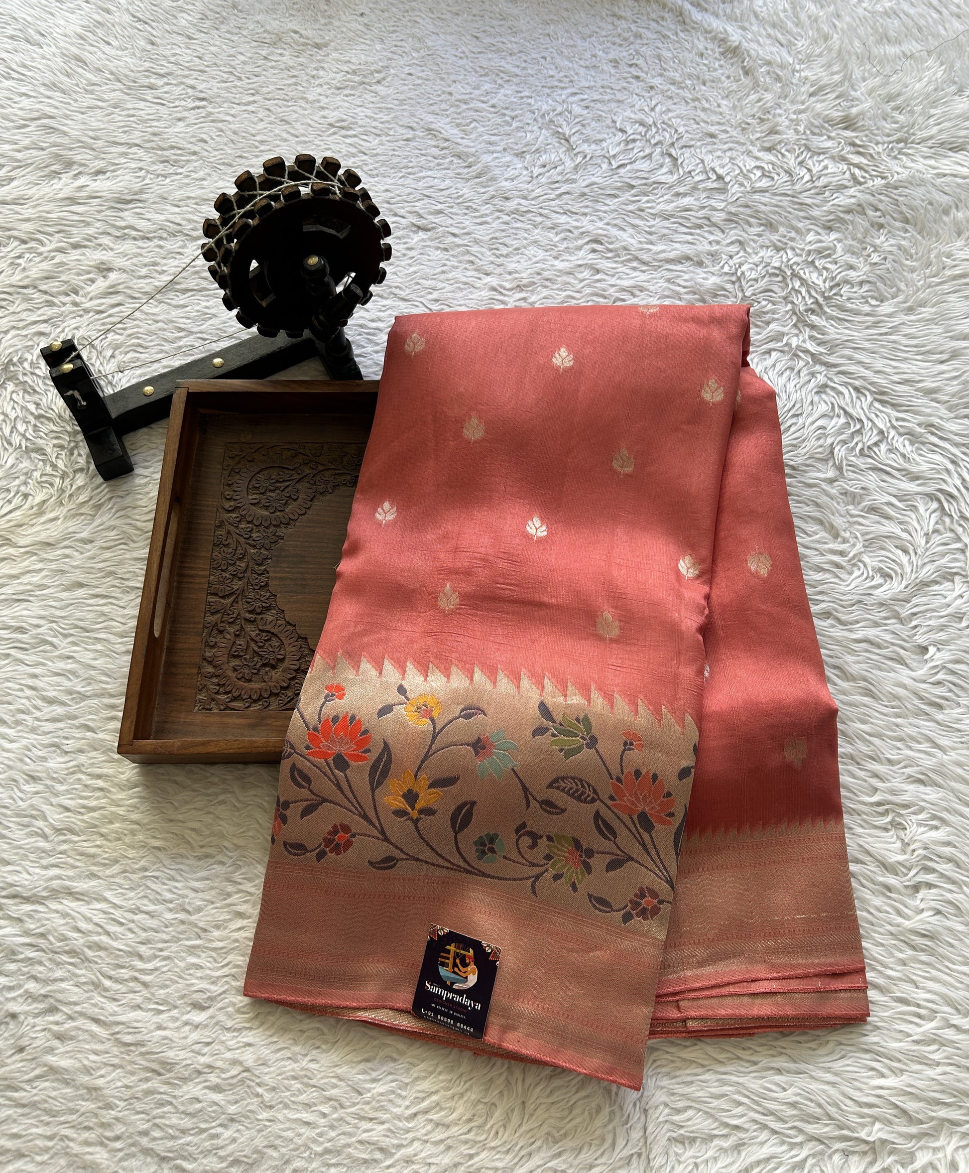 Banarasi Tussar Georgette Saree Dark Peach Colored Complemented with a Minakari border. - Sampradaya Designer Studio