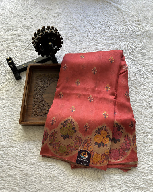 Banarasi Tussar Georgette Saree Peach Colored Complemented with a Minakari border. - Sampradaya Designer Studio
