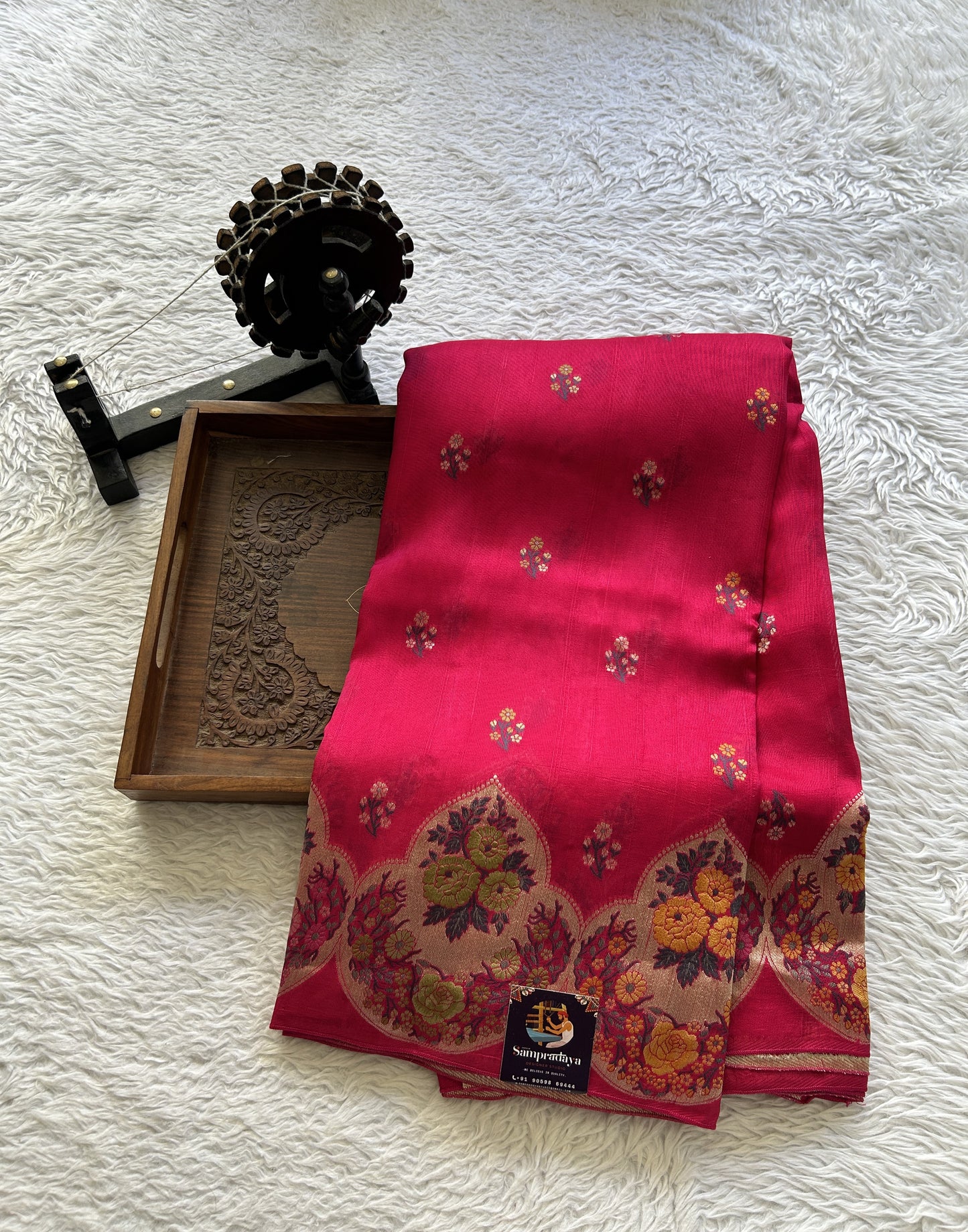 Banarasi Tussar Georgette Saree Pink Colored Complemented with a Minakari border. - Sampradaya Designer Studio