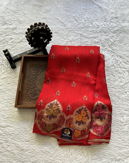 Banarasi Tussar Georgette Saree Red Colored Complemented with a Minakari border. - Sampradaya Designer Studio