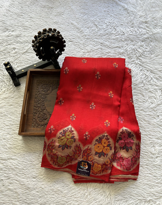 Banarasi Tussar Georgette Saree Red Colored Complemented with a Minakari border. - Sampradaya Designer Studio