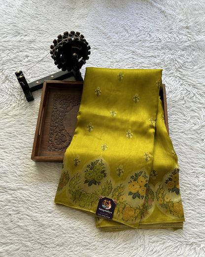 Banarasi Tussar Georgette Saree Pear Colored Complemented with a Minakari border. - Sampradaya Designer Studio