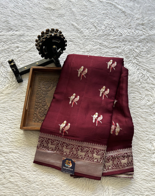Banarasi Georgette Saree Wine Colored Complemented with a Zari border. - Sampradaya Designer Studio