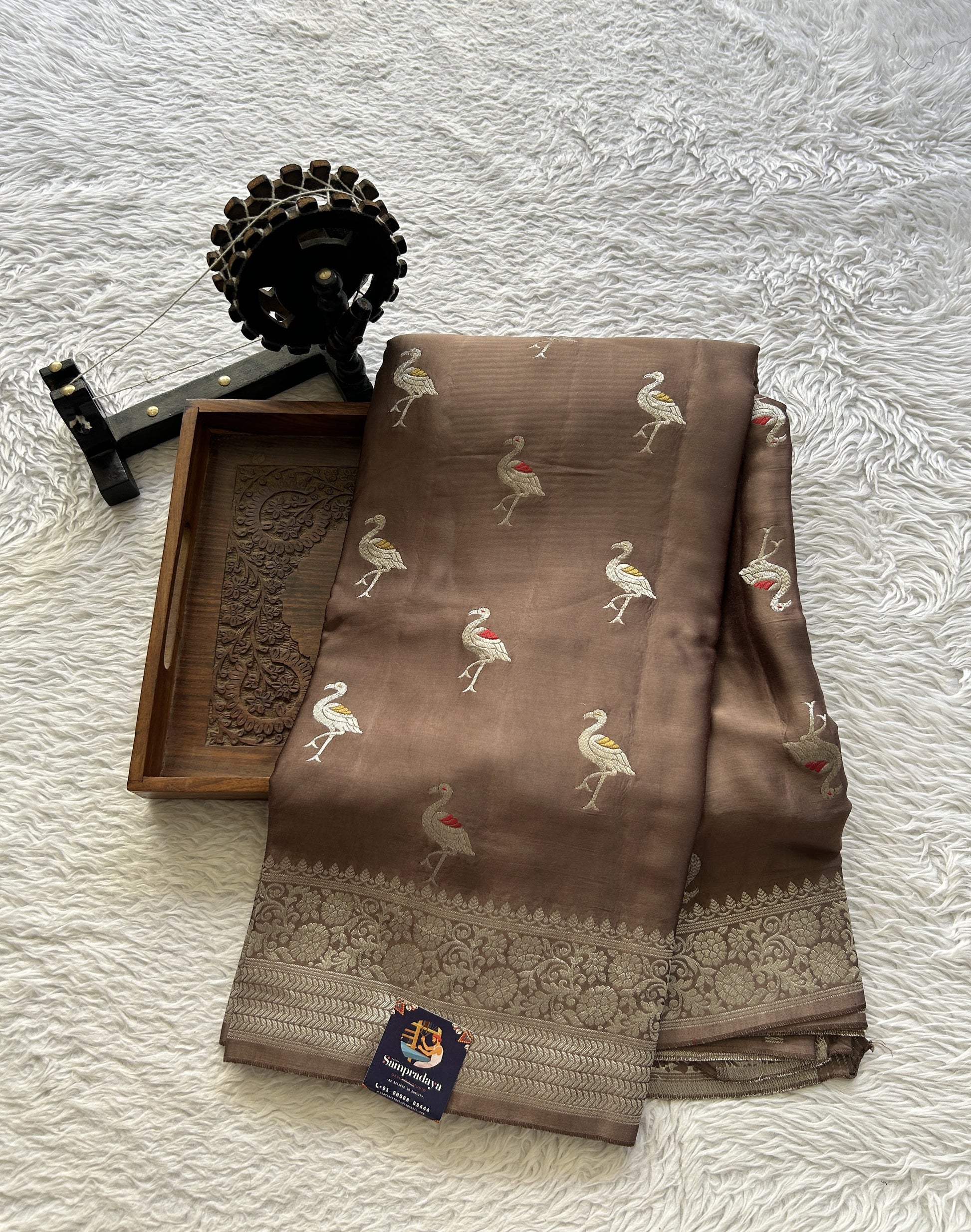 Banarasi Georgette Saree Chocolate Colored Complemented with a Zari border. - Sampradaya Designer Studio