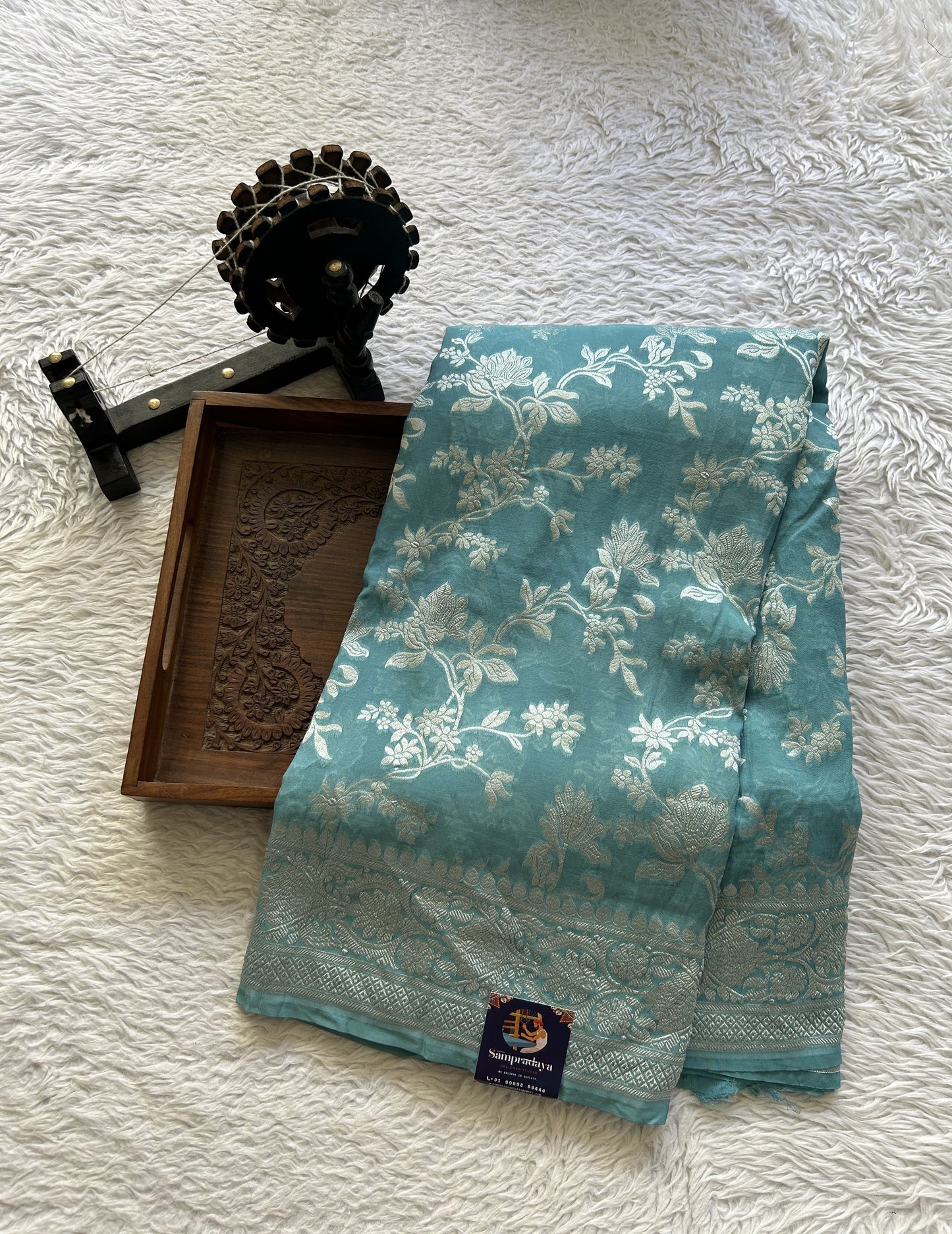 Banarasi Georgette Saree Light Blue Colored Complemented with a Zari border. - Sampradaya Designer Studio