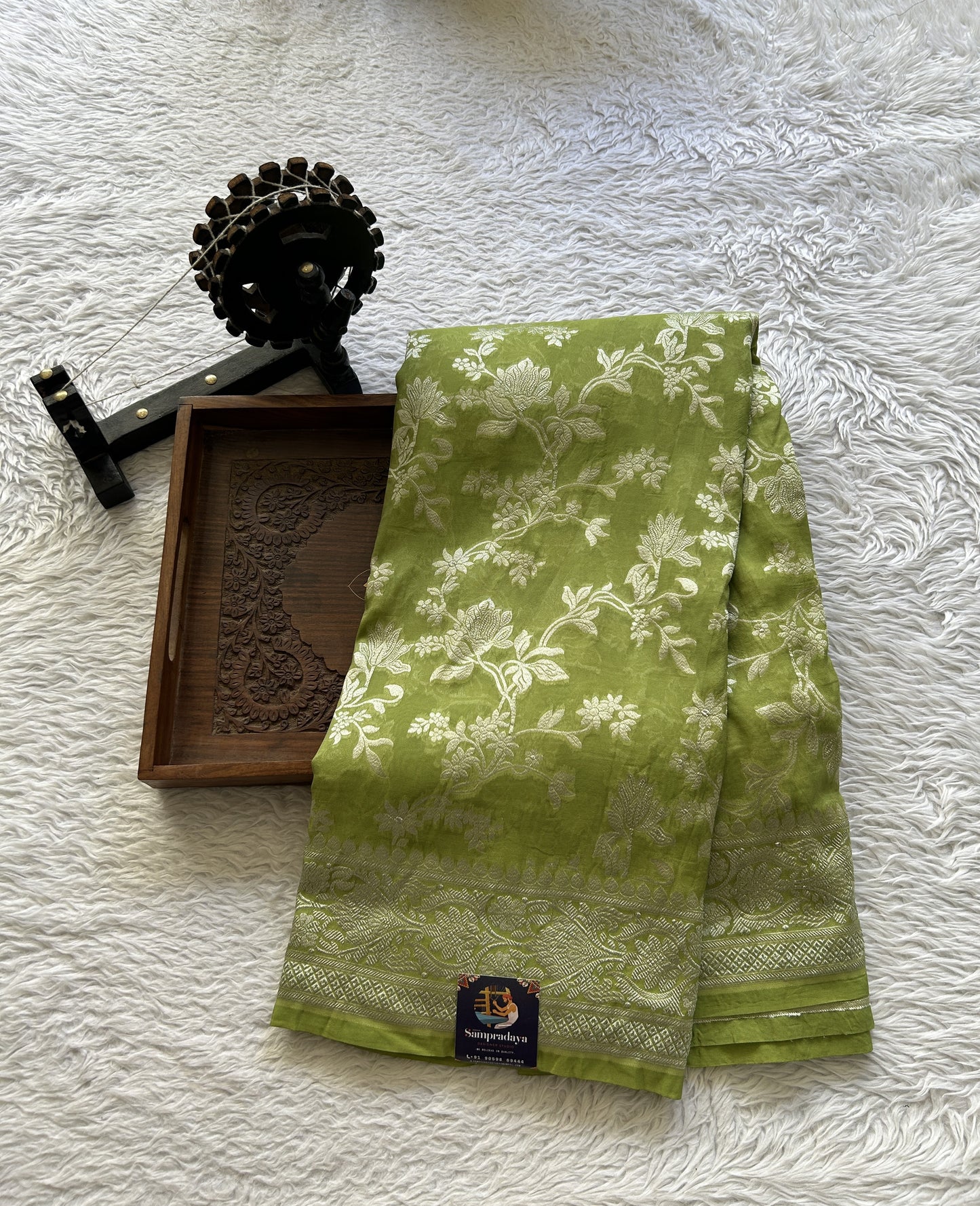Banarasi Georgette Saree Parrot Green Colored Complemented with a Zari border. - Sampradaya Designer Studio