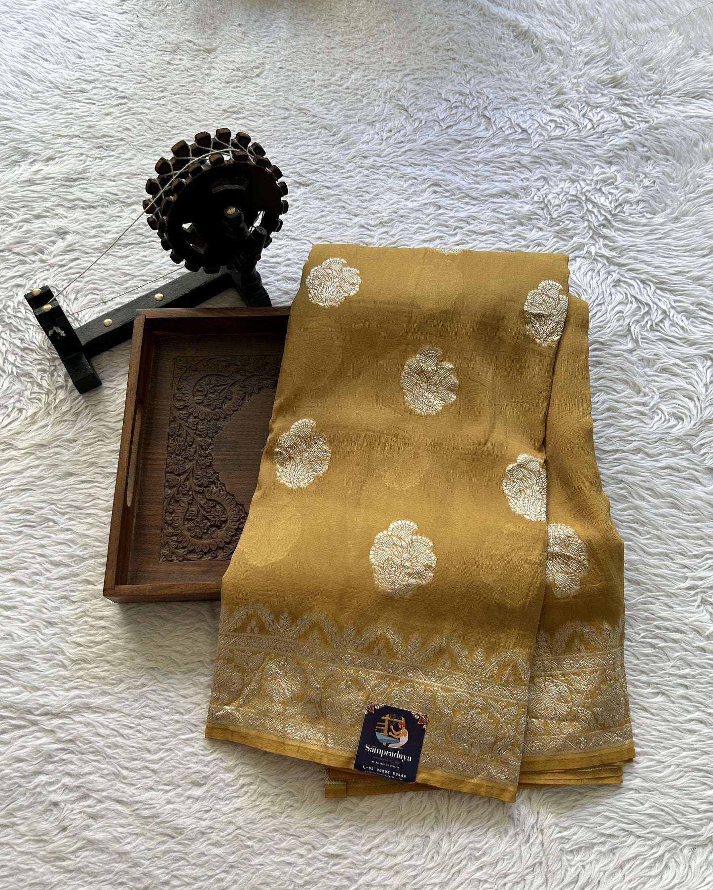 Banarasi Georgette Saree Mustard Colored Complemented with a Zari border. - Sampradaya Designer Studio