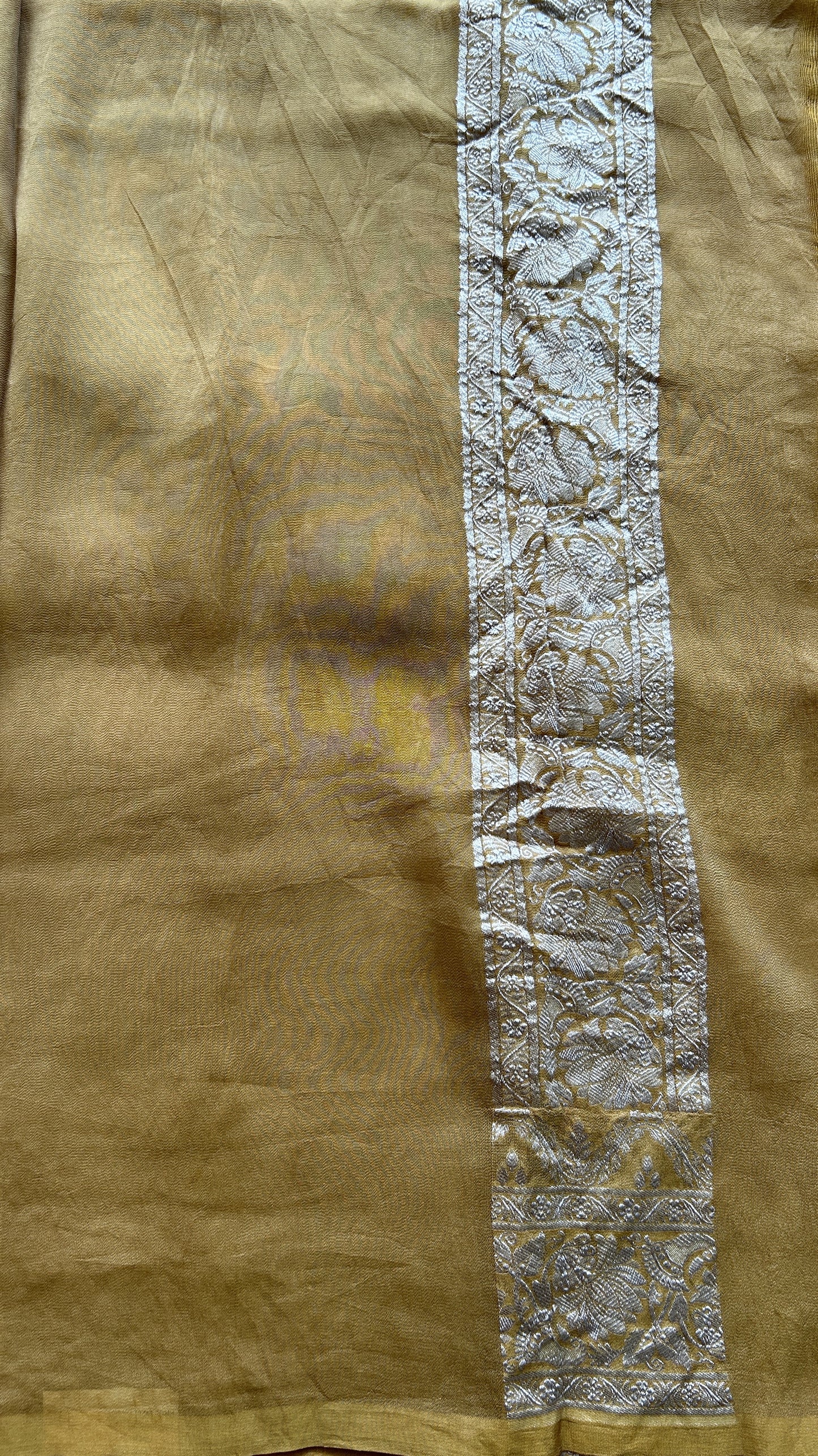 Banarasi Georgette Saree Mustard Colored Complemented with a Zari border. - Sampradaya Designer Studio