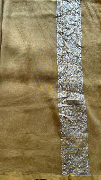 Banarasi Georgette Saree Mustard Colored Complemented with a Zari border. - Sampradaya Designer Studio
