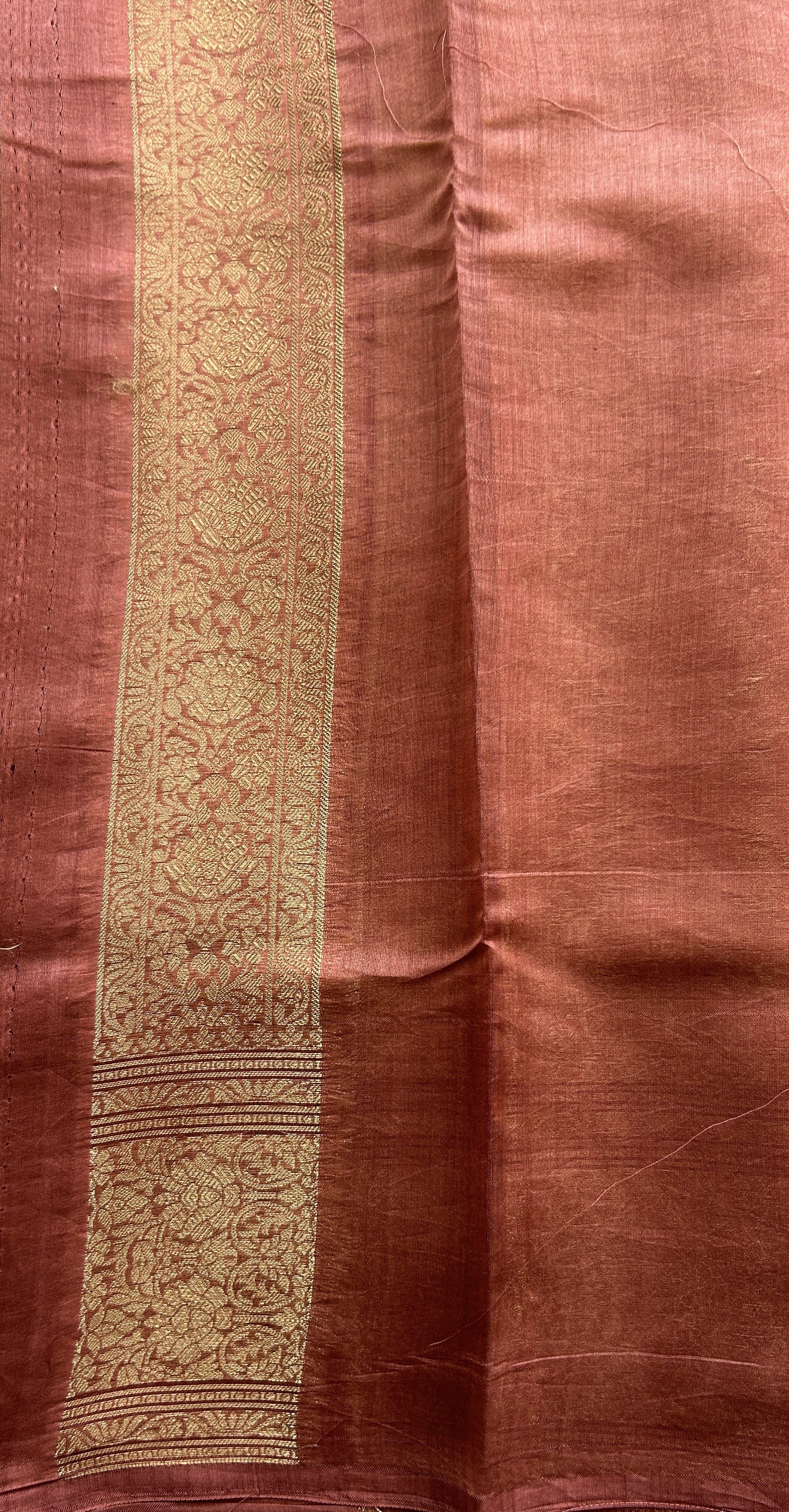 Maheshwari Chanderi Cotton Saree Dark Beige Colored Complemented with a Pink Color Zari Border. - Sampradaya Designer Studio