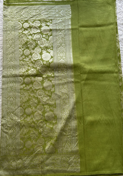 Banarasi Georgette Saree Parrot Green Colored Complemented with a Zari border. - Sampradaya Designer Studio