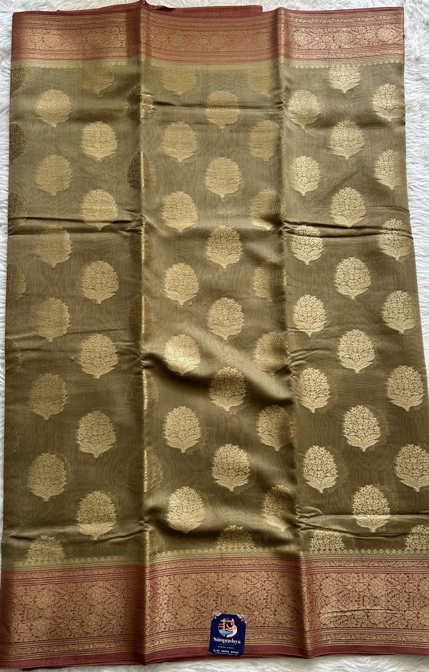 Maheshwari Chanderi Cotton Saree Dark Beige Colored Complemented with a Pink Color Zari Border. - Sampradaya Designer Studio