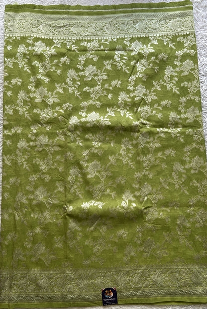 Banarasi Georgette Saree Parrot Green Colored Complemented with a Zari border. - Sampradaya Designer Studio