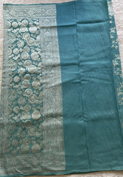 Banarasi Georgette Saree Light Blue Colored Complemented with a Zari border. - Sampradaya Designer Studio