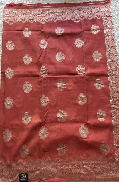 Banarasi Georgette Saree Peach Colored Complemented with a Zari border. - Sampradaya Designer Studio