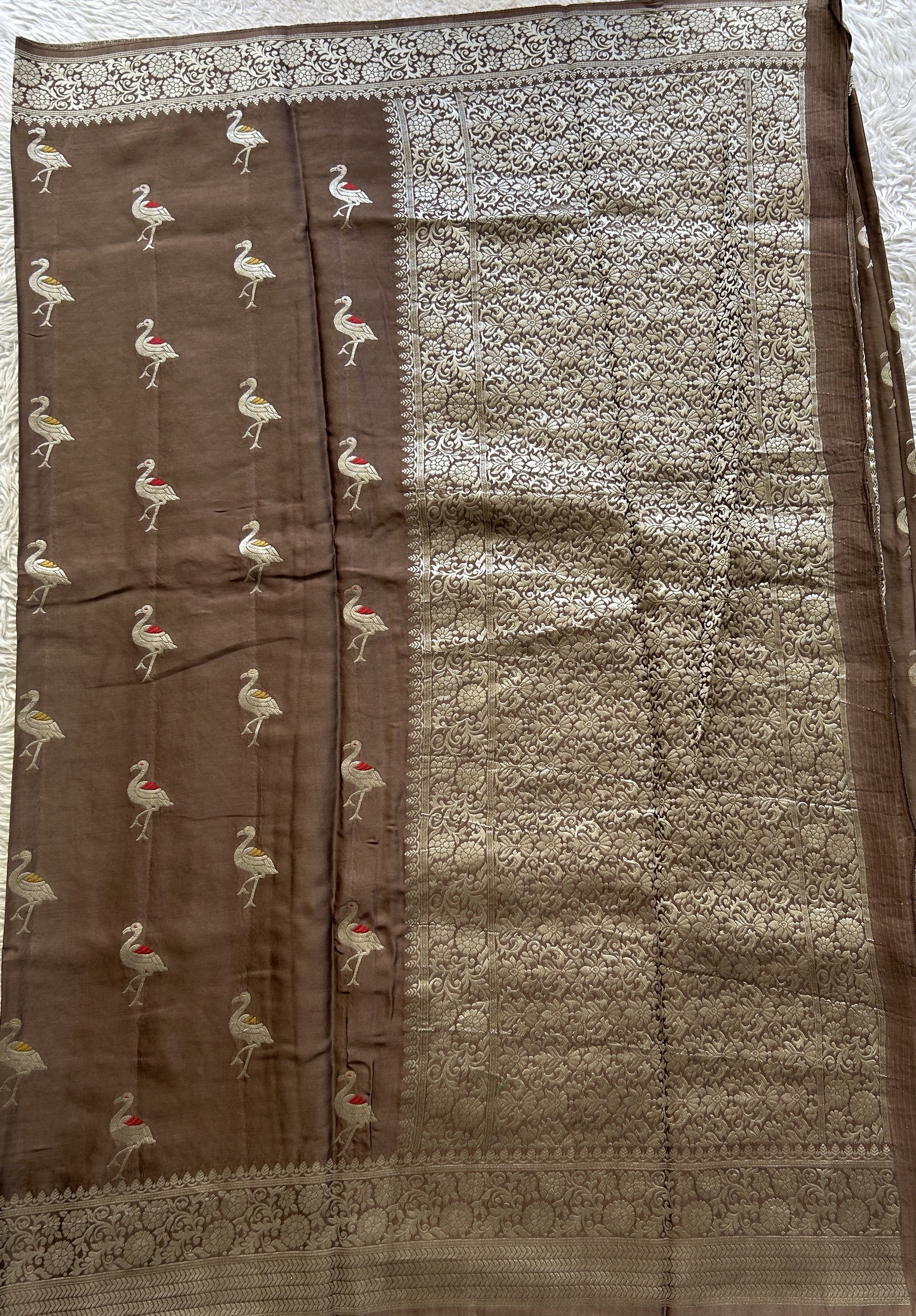 Banarasi Georgette Saree Chocolate Colored Complemented with a Zari border. - Sampradaya Designer Studio