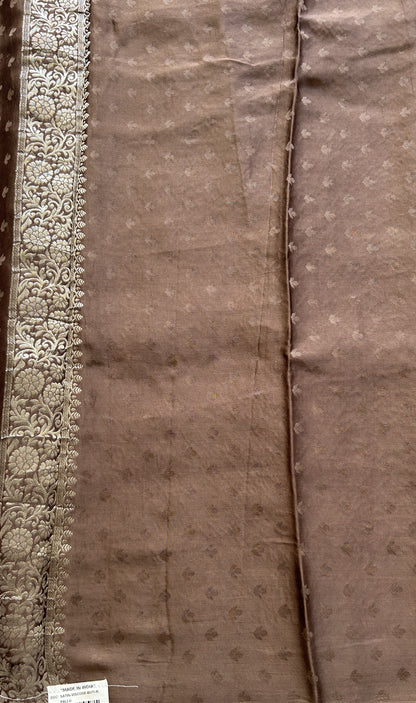 Banarasi Georgette Saree Chocolate Colored Complemented with a Zari border. - Sampradaya Designer Studio