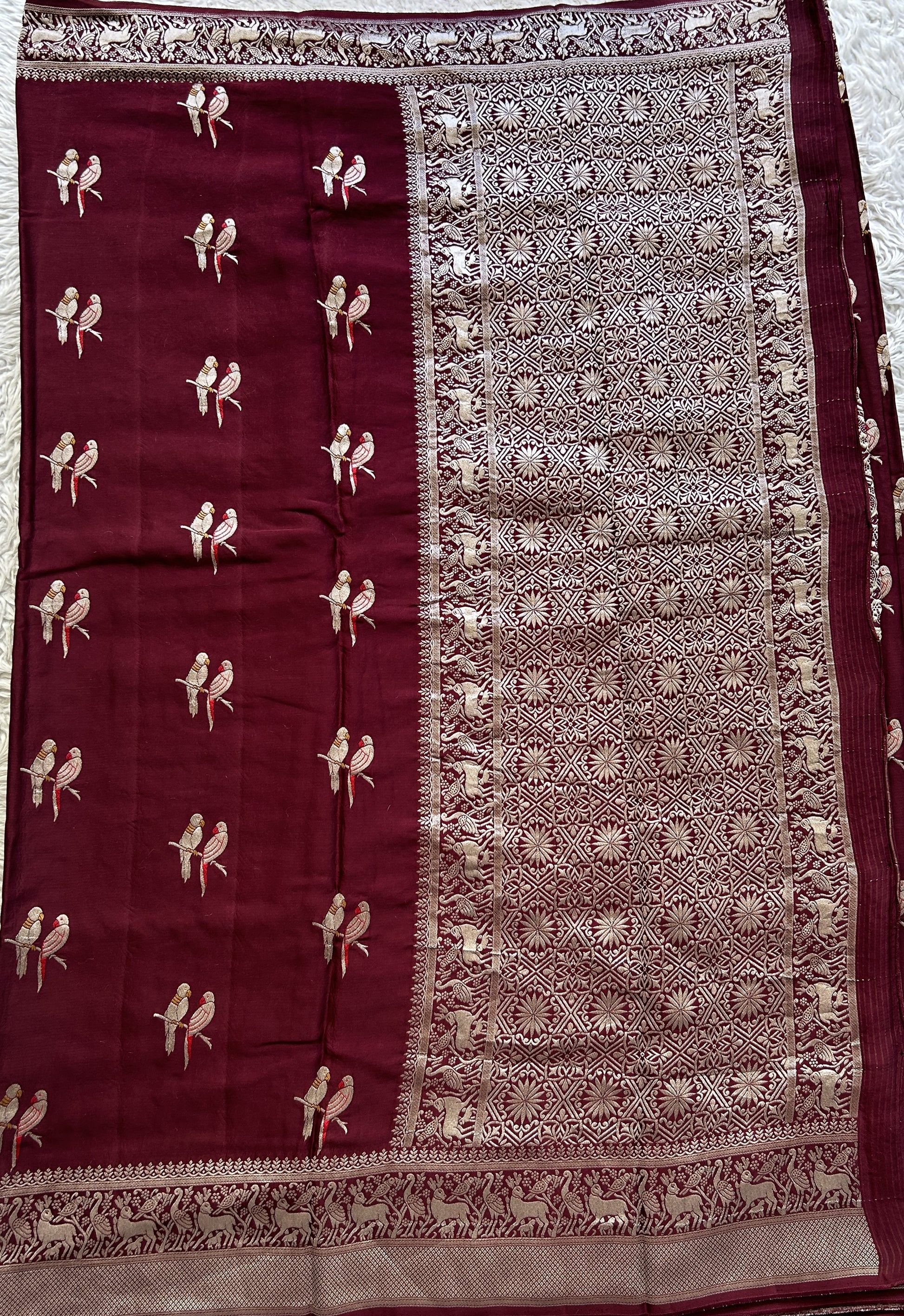 Banarasi Georgette Saree Wine Colored Complemented with a Zari border. - Sampradaya Designer Studio