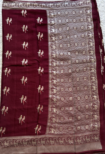 Banarasi Georgette Saree Wine Colored Complemented with a Zari border. - Sampradaya Designer Studio