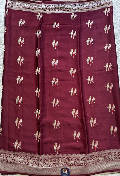 Banarasi Georgette Saree Wine Colored Complemented with a Zari border. - Sampradaya Designer Studio