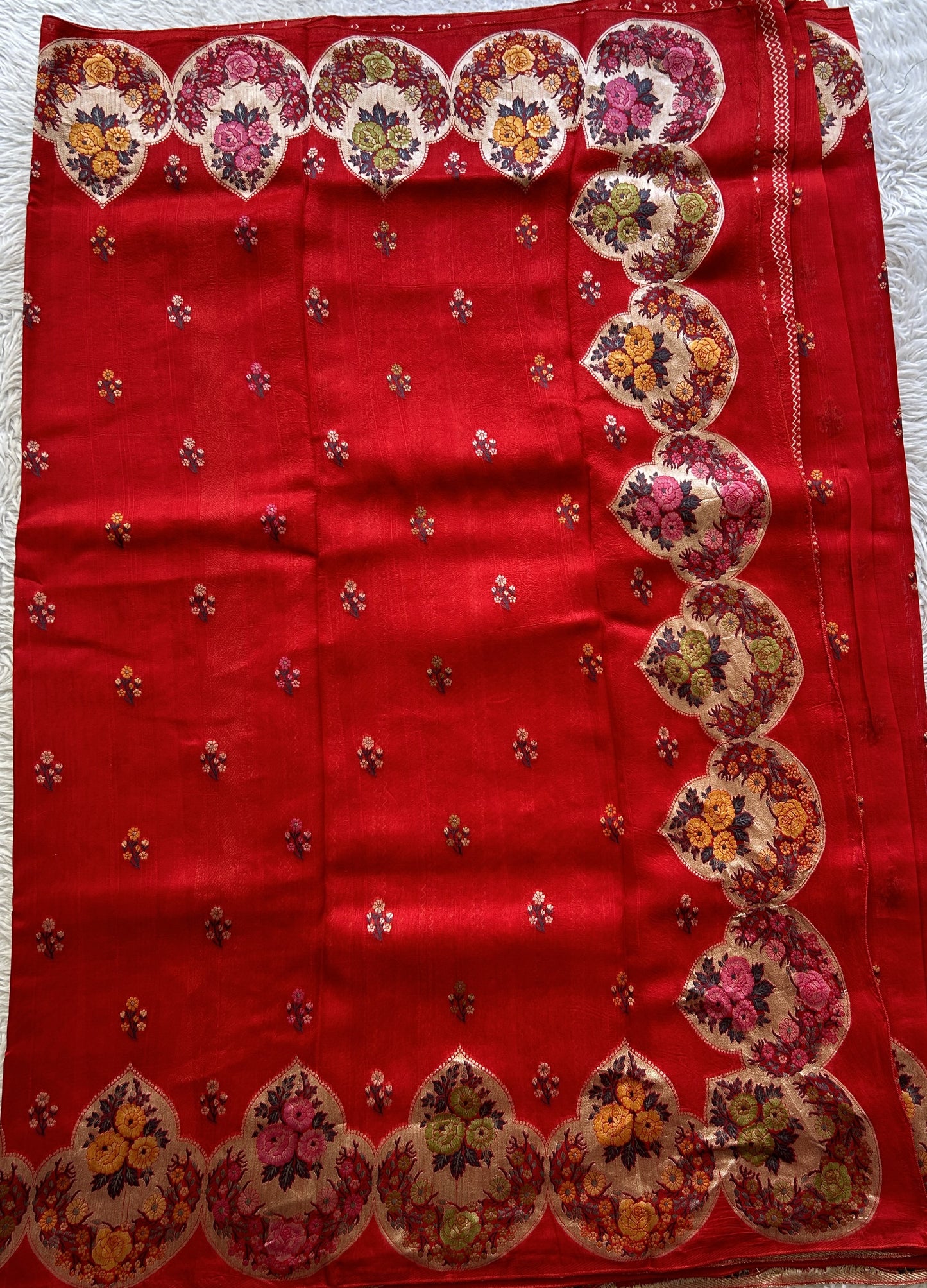 Banarasi Tussar Georgette Saree Red Colored Complemented with a Minakari border. - Sampradaya Designer Studio