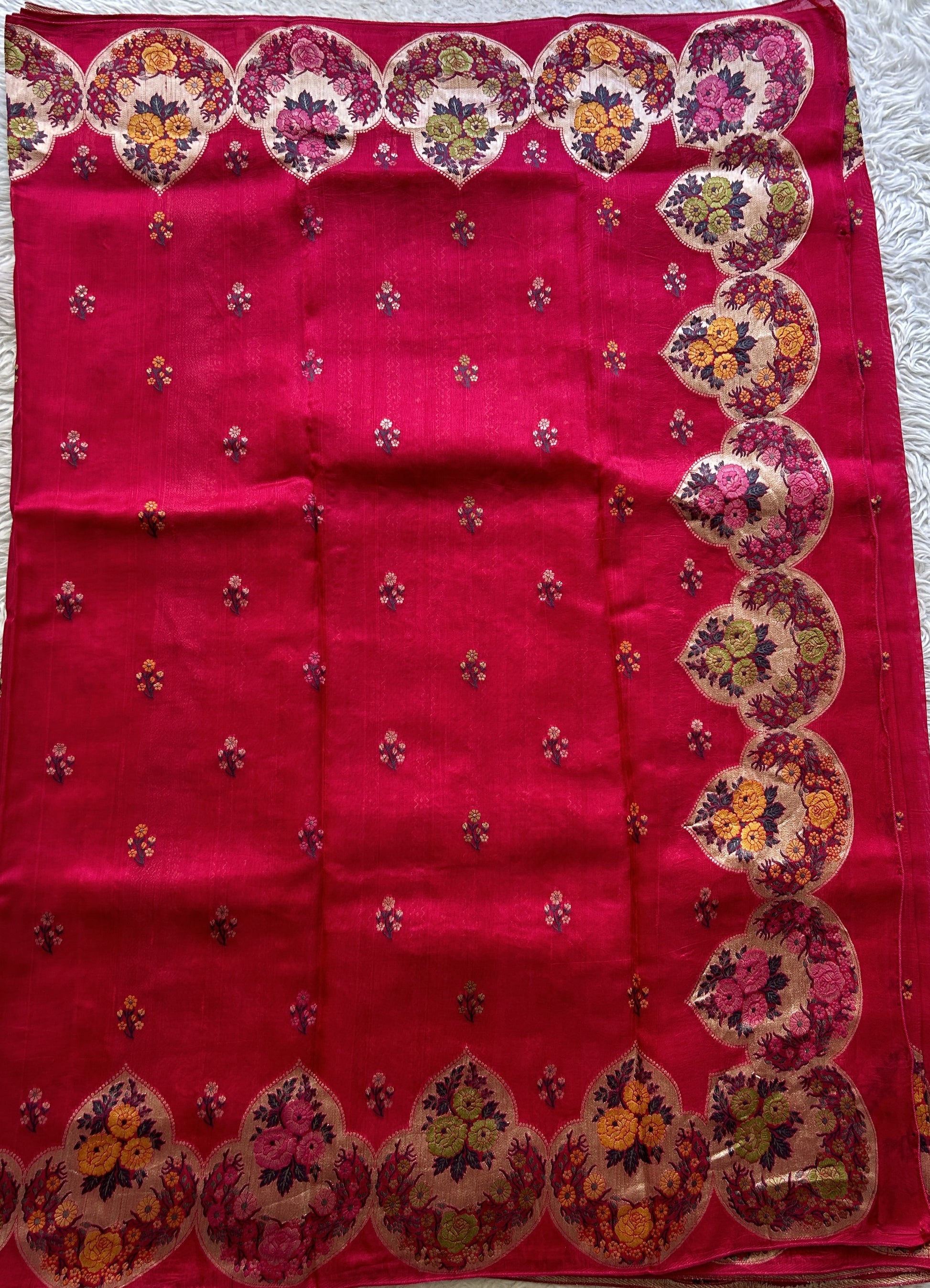 Banarasi Tussar Georgette Saree Pink Colored Complemented with a Minakari border. - Sampradaya Designer Studio