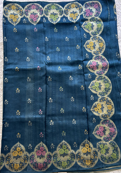 Banarasi Tussar Georgette Saree Peacock Blue Colored Complemented with a Minakari border. - Sampradaya Designer Studio