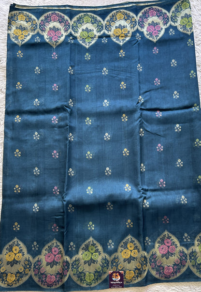 Banarasi Tussar Georgette Saree Peacock Blue Colored Complemented with a Minakari border. - Sampradaya Designer Studio