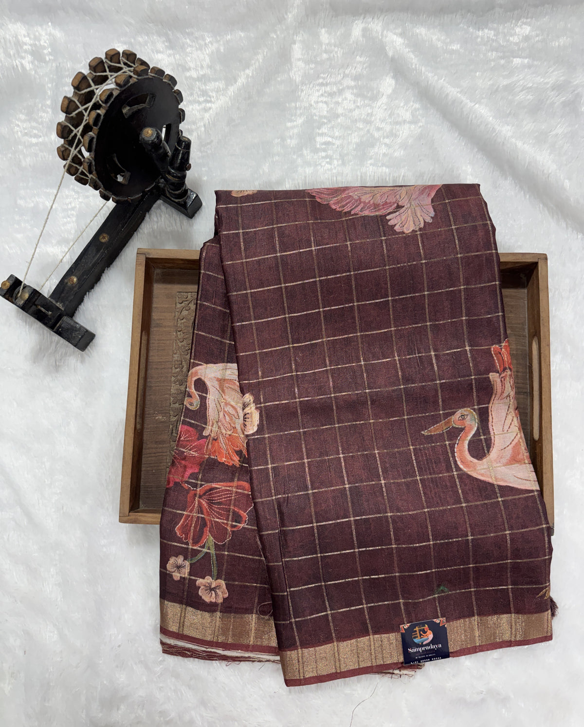 Semi Tussar Silk Saree -Brown color with Gold Zari Border - Elegant Fancy Saree for Party & Office Wear