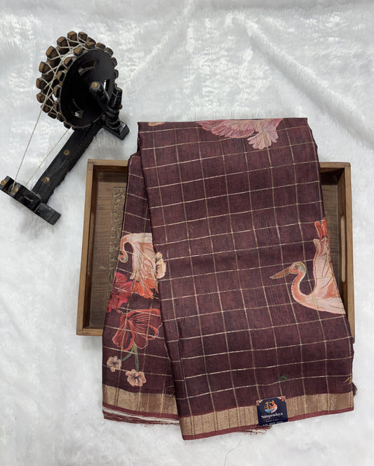 Semi Tussar Silk Saree -Brown color with Gold Zari Border - Elegant Fancy Saree for Party & Office Wear