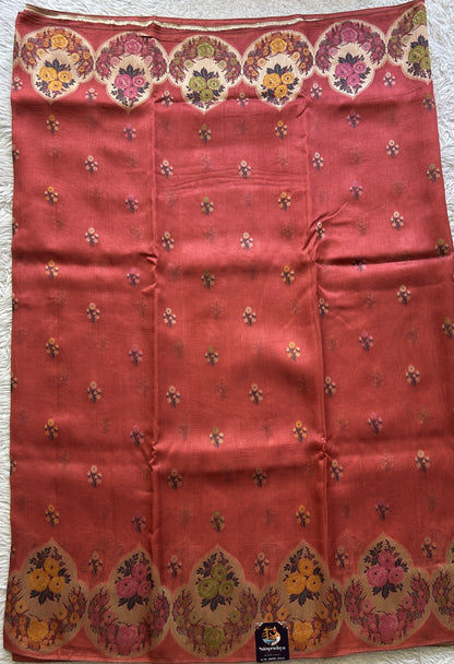 Banarasi Tussar Georgette Saree Peach Colored Complemented with a Minakari border. - Sampradaya Designer Studio