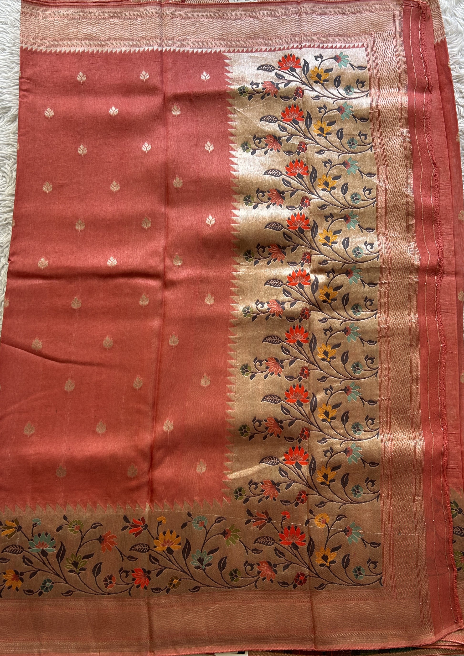 Banarasi Tussar Georgette Saree Dark Peach Colored Complemented with a Minakari border. - Sampradaya Designer Studio