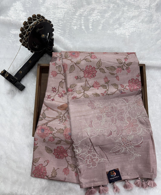 Semi Tussar Silk Saree -Baby Pink color  with Gold Zari Border - Elegant Fancy Saree for Party & Office Wear