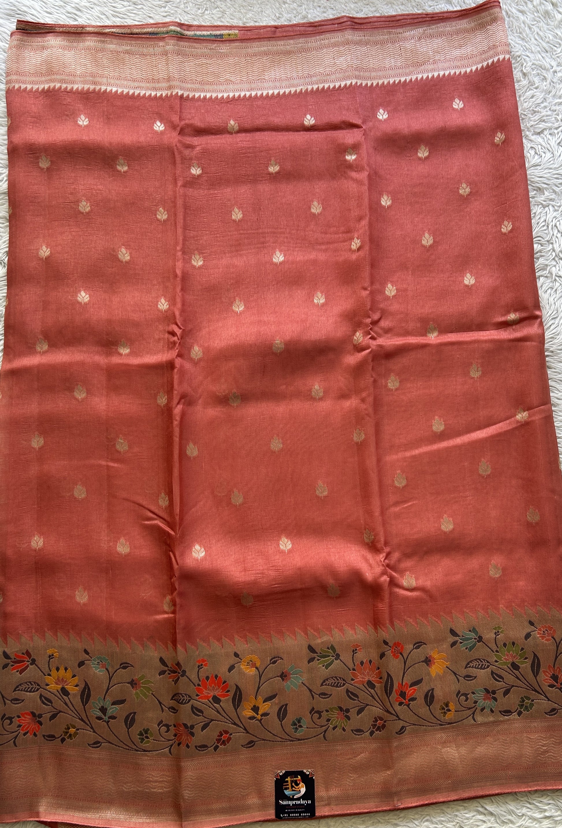 Banarasi Tussar Georgette Saree Dark Peach Colored Complemented with a Minakari border. - Sampradaya Designer Studio
