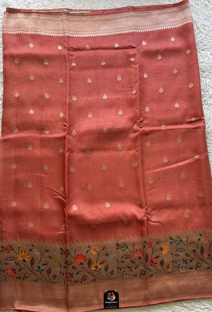 Banarasi Tussar Georgette Saree Dark Peach Colored Complemented with a Minakari border. - Sampradaya Designer Studio