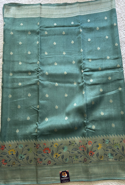 Banarasi Tussar Georgette Saree Tiffany Blue Colored Complemented with a Minakari border. - Sampradaya Designer Studio