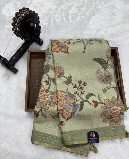 Semi Tussar Silk Saree -light Green color with Gold Zari Border - Elegant Fancy Saree for Party & Office Wear