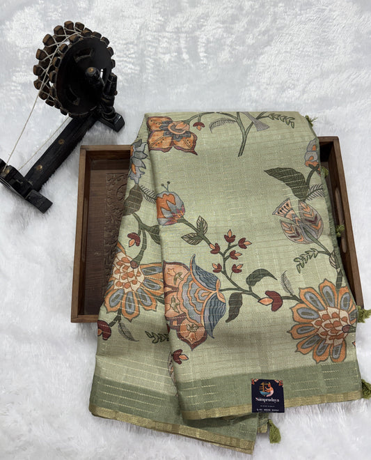 Semi Tussar Silk Saree -light Green color with Gold Zari Border - Elegant Fancy Saree for Party & Office Wear