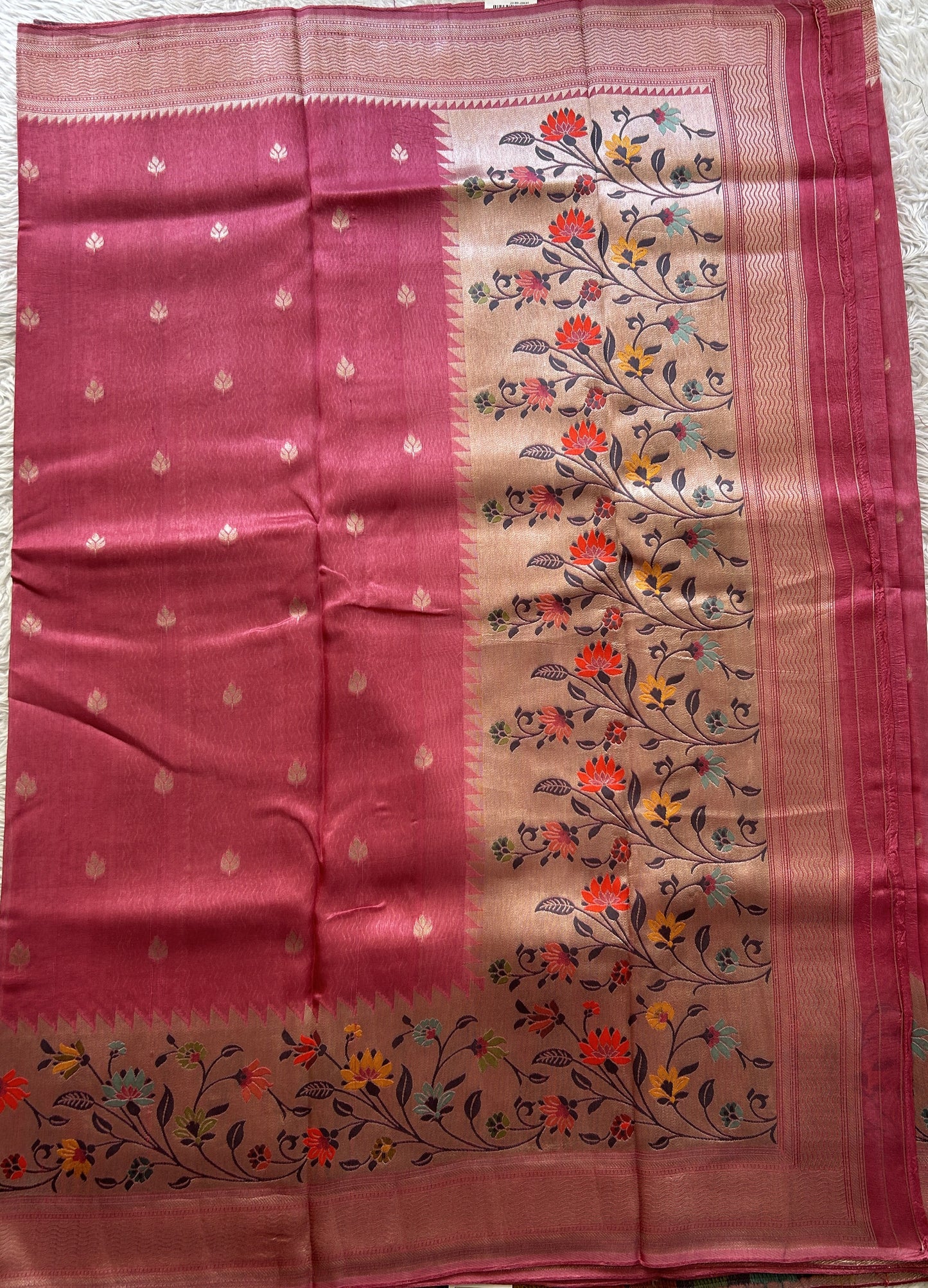 Banarasi Tussar Georgette Saree Rose Pink Colored Complemented with a Minakari border. - Sampradaya Designer Studio