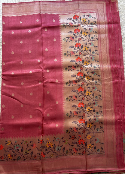 Banarasi Tussar Georgette Saree Rose Pink Colored Complemented with a Minakari border. - Sampradaya Designer Studio