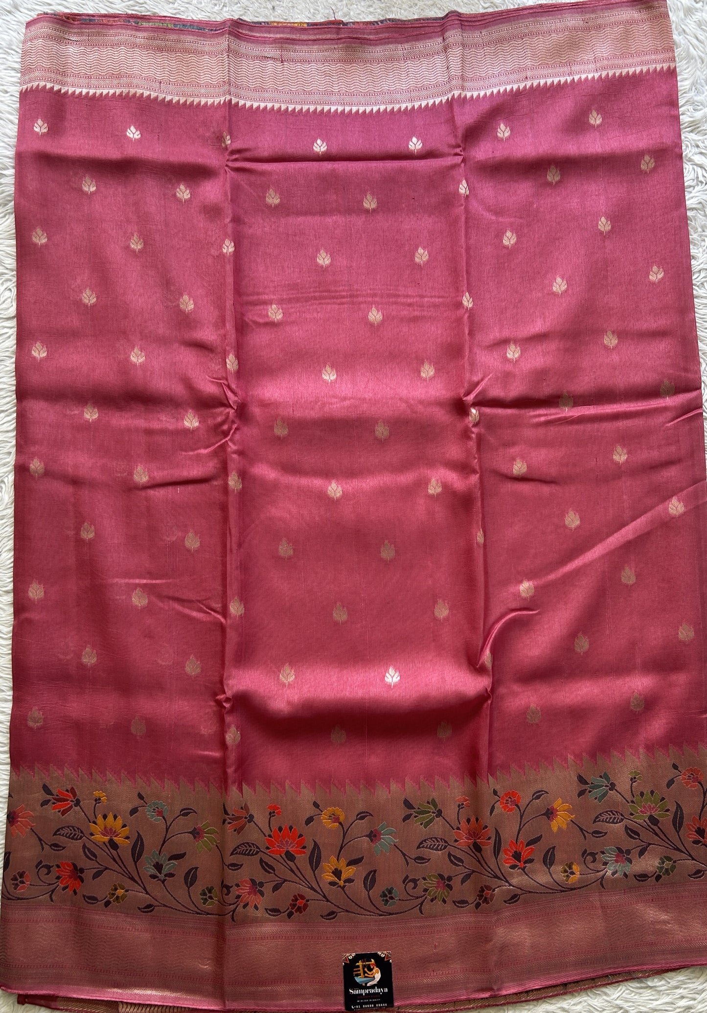 Banarasi Tussar Georgette Saree Rose Pink Colored Complemented with a Minakari border. - Sampradaya Designer Studio