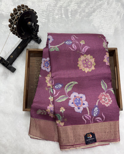 Semi Tussar Silk Saree -Mulberry color with Gold Zari Border - Elegant Fancy Saree for Party & Office Wear