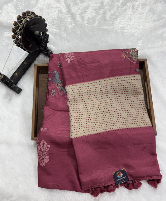 Semi Tussar Silk Saree -Cerise color  with Gold Zari Border - Elegant Fancy Saree for Party & Office Wear