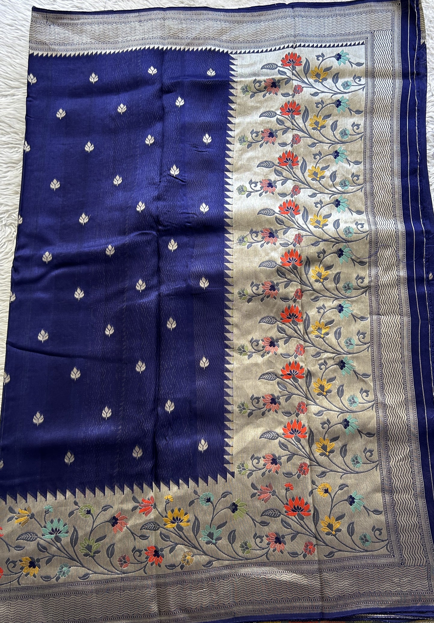 Banarasi Tussar Georgette Saree Royal Blue Colored Complemented with a Minakari border. - Sampradaya Designer Studio