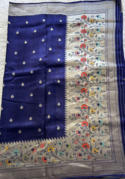 Banarasi Tussar Georgette Saree Royal Blue Colored Complemented with a Minakari border. - Sampradaya Designer Studio
